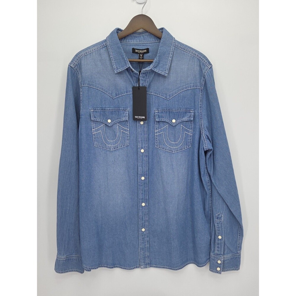 New True Religion Western Chambray Shirt Light Blue Wash Pearl Snap Size Large